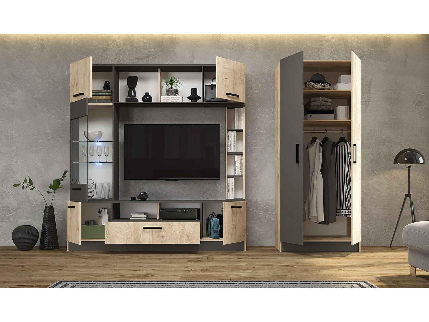 Parete attrezzata 260x190 cm con vetrina e LED rovere chiaro e grigio SG1