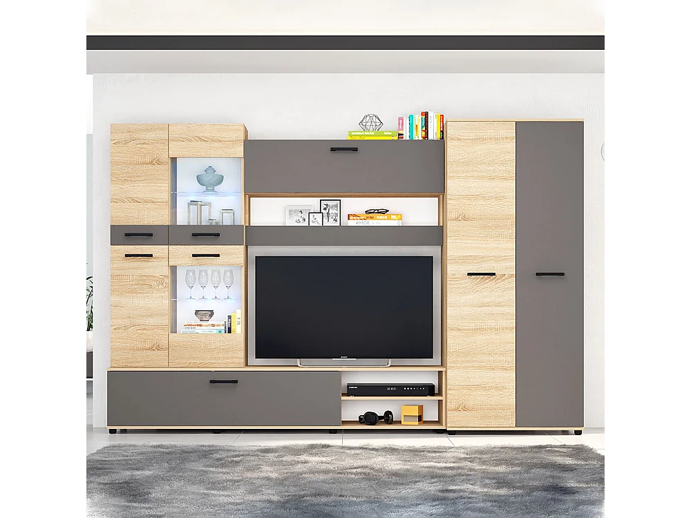 Parete attrezzata 280x185 cm con vetrina e led rovere e grafite SG2