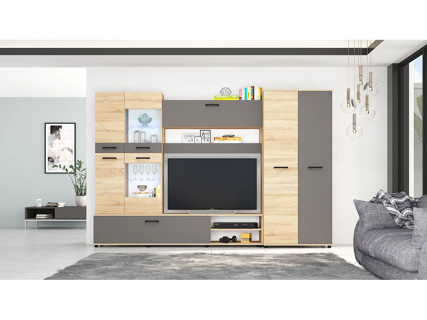 Parete attrezzata 280x185 cm con vetrina e led rovere e grafite SG2
