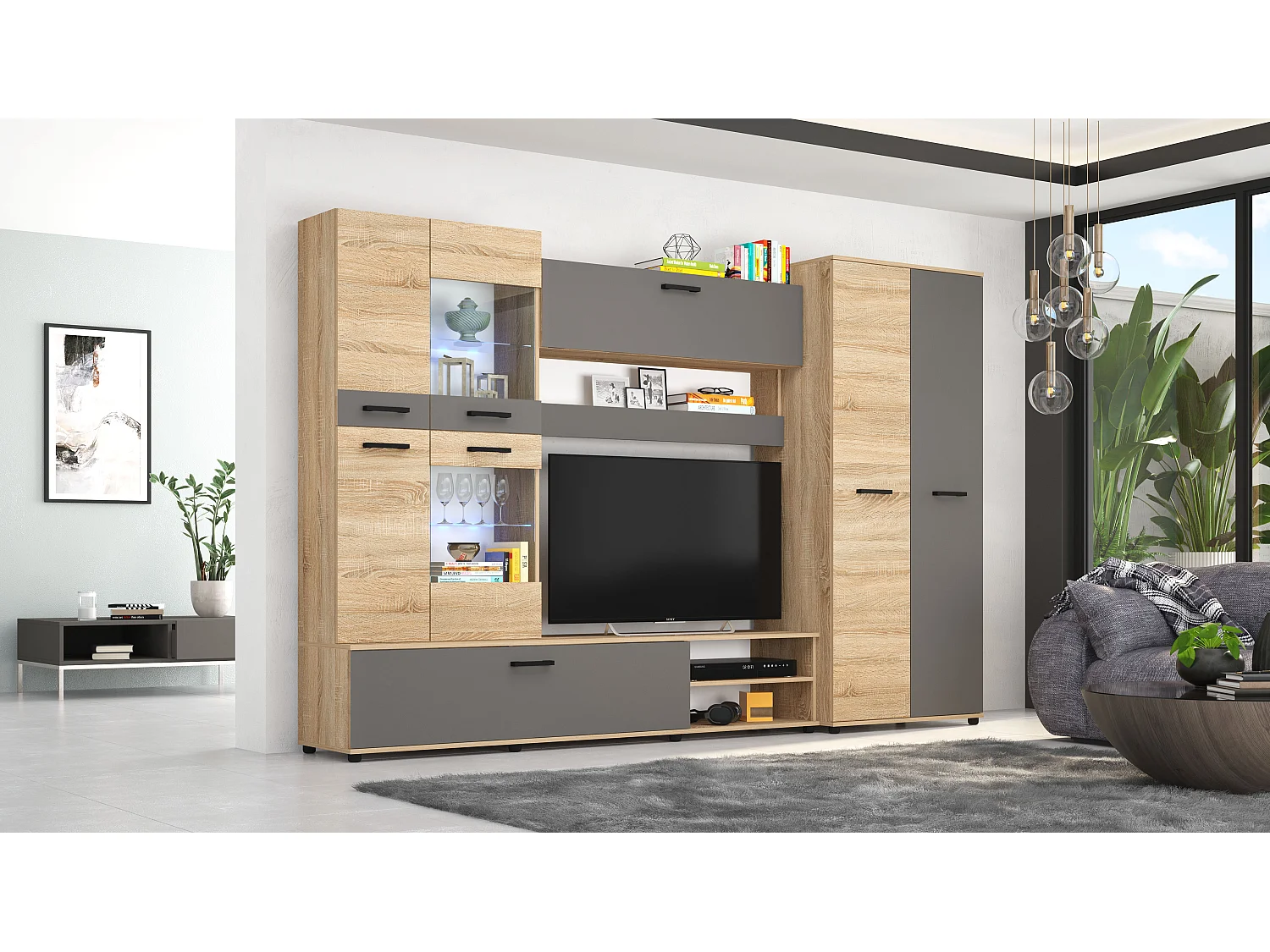 Parete attrezzata 280x185 cm con vetrina e led rovere e grafite SG2