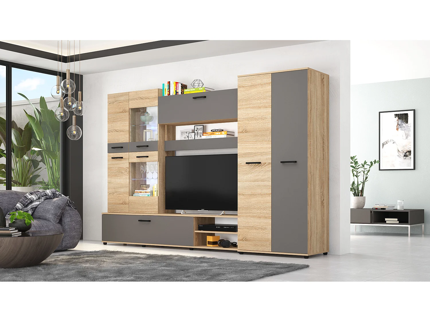 Parete attrezzata 280x185 cm con vetrina e led rovere e grafite SG2