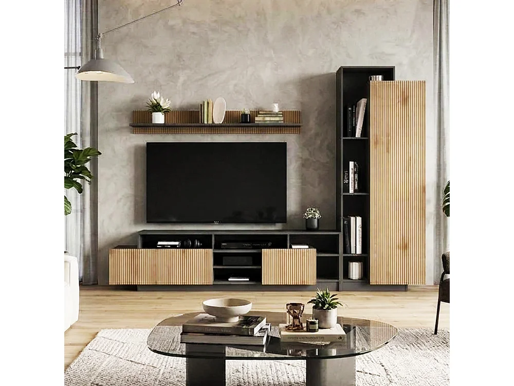 Parete attrezzata moderna 260x190 cm in rovere cannettato e grafite SG34