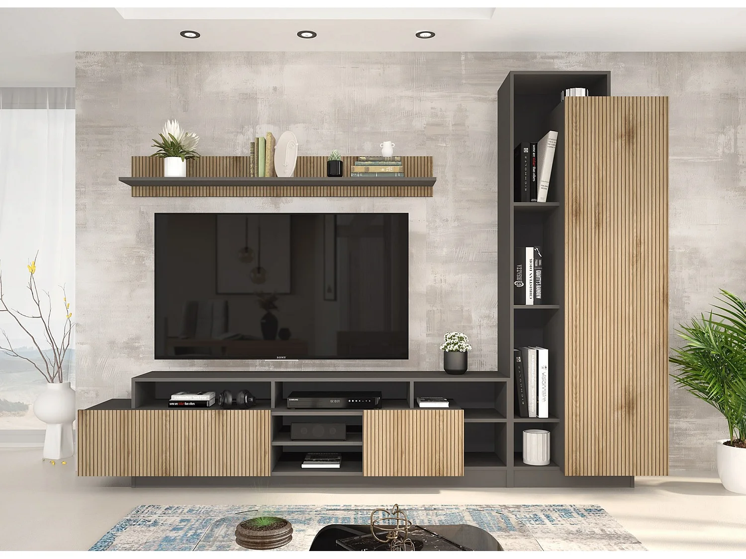 Parete attrezzata moderna 260x190 cm in rovere cannettato e grafite SG34