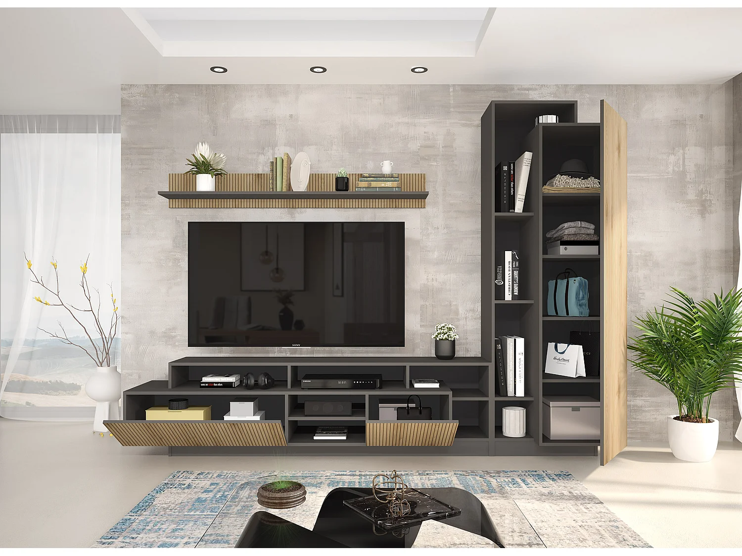 Parete attrezzata moderna 260x190 cm in rovere cannettato e grafite SG34