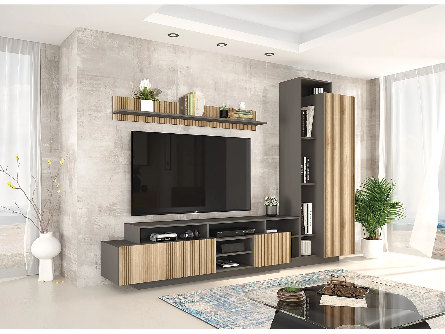 Parete attrezzata moderna 260x190 cm in rovere cannettato e grafite SG34