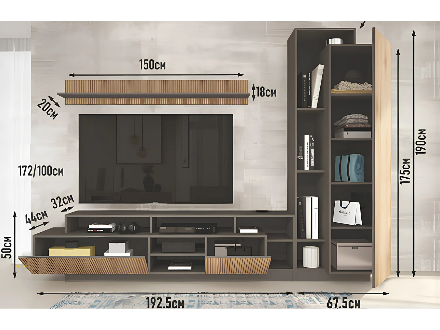 Parete attrezzata moderna 260x190 cm in rovere cannettato e grafite SG34