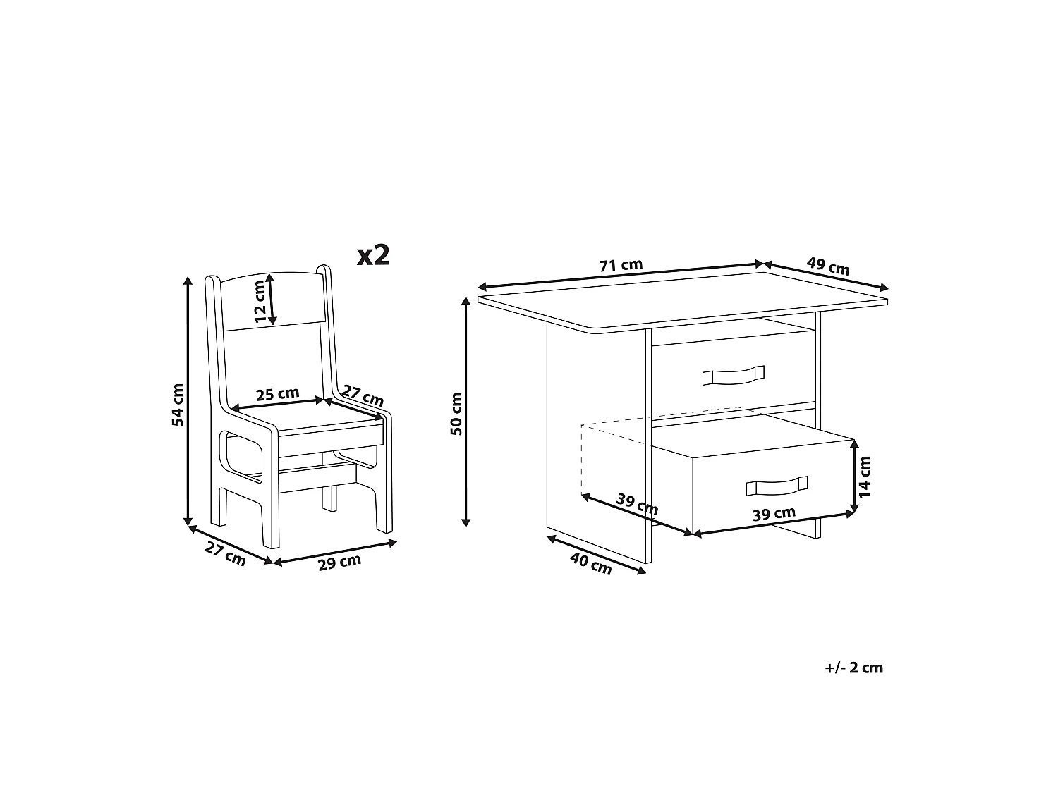 Conjunto de mesa y 2 sillas infantiles blanco YALGOO