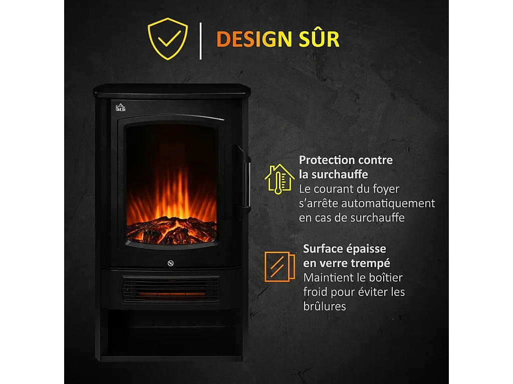 Parrot Uncle Cheminée électrique autoportante, effet flamme LED réaliste, 2 puissances 1000/2000W, 44,5x32x74cm, style moderne noir, chauffage salon déco