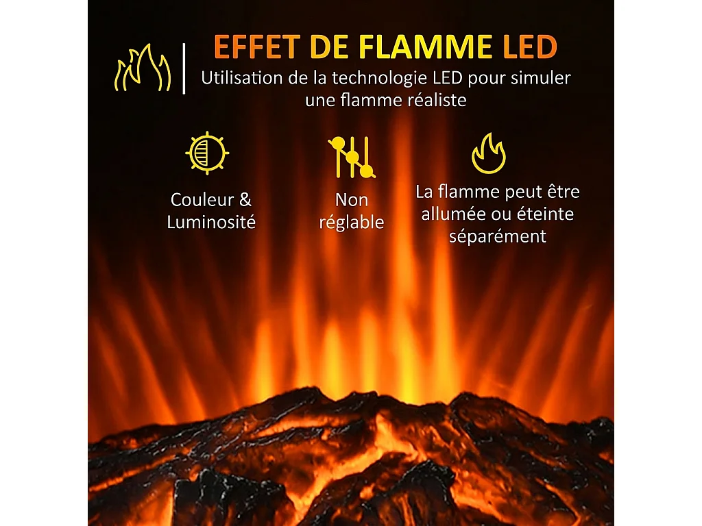 Parrot Uncle Cheminée électrique autoportante, effet flamme LED réaliste, 2 puissances 1000/2000W, 44,5x32x74cm, style moderne noir, chauffage salon déco