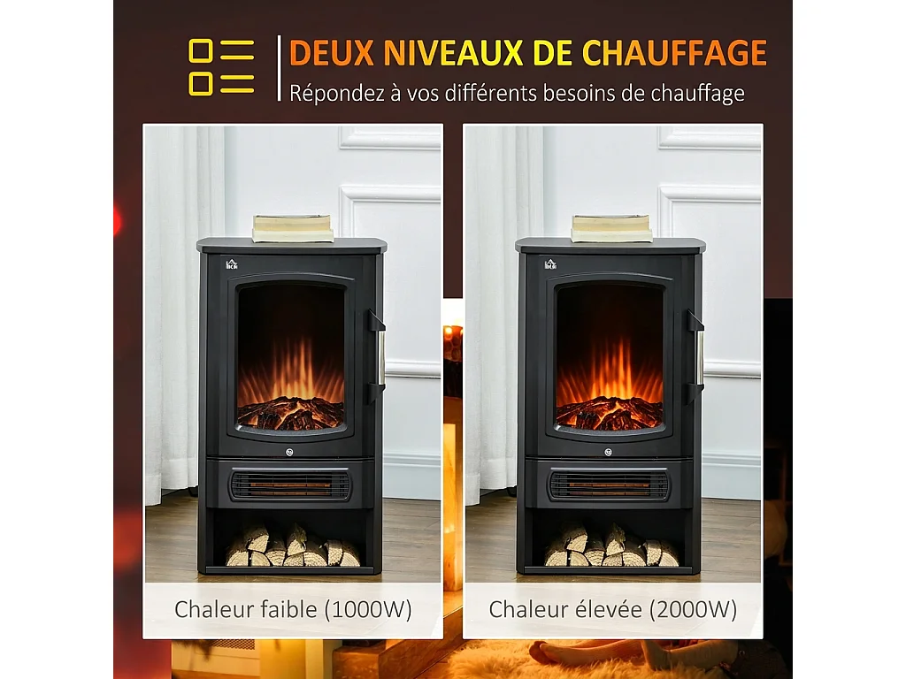 Parrot Uncle Cheminée électrique autoportante, effet flamme LED réaliste, 2 puissances 1000/2000W, 44,5x32x74cm, style moderne noir, chauffage salon déco