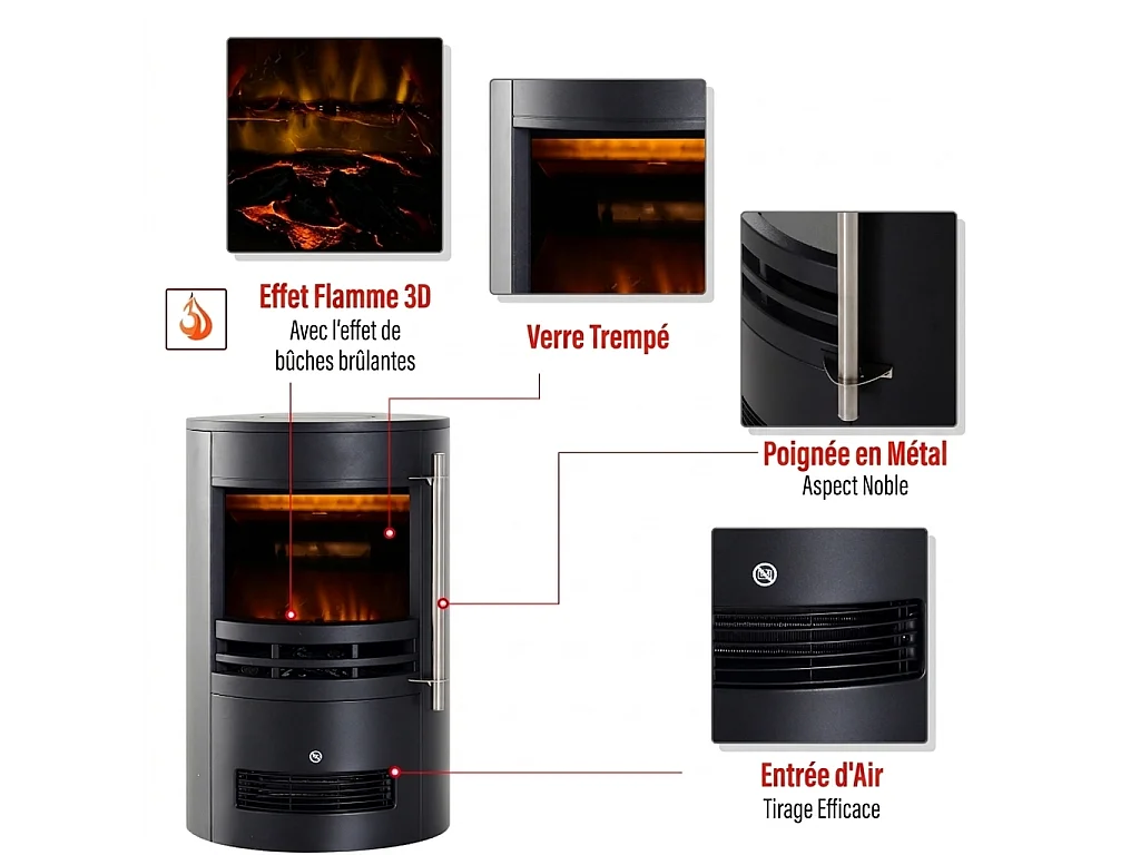 Parrot Uncle Cheminée électrique cylindrique décorative 41×41×64,5cm, chauffage 900/2000W, effet flamme LED, poêle noir