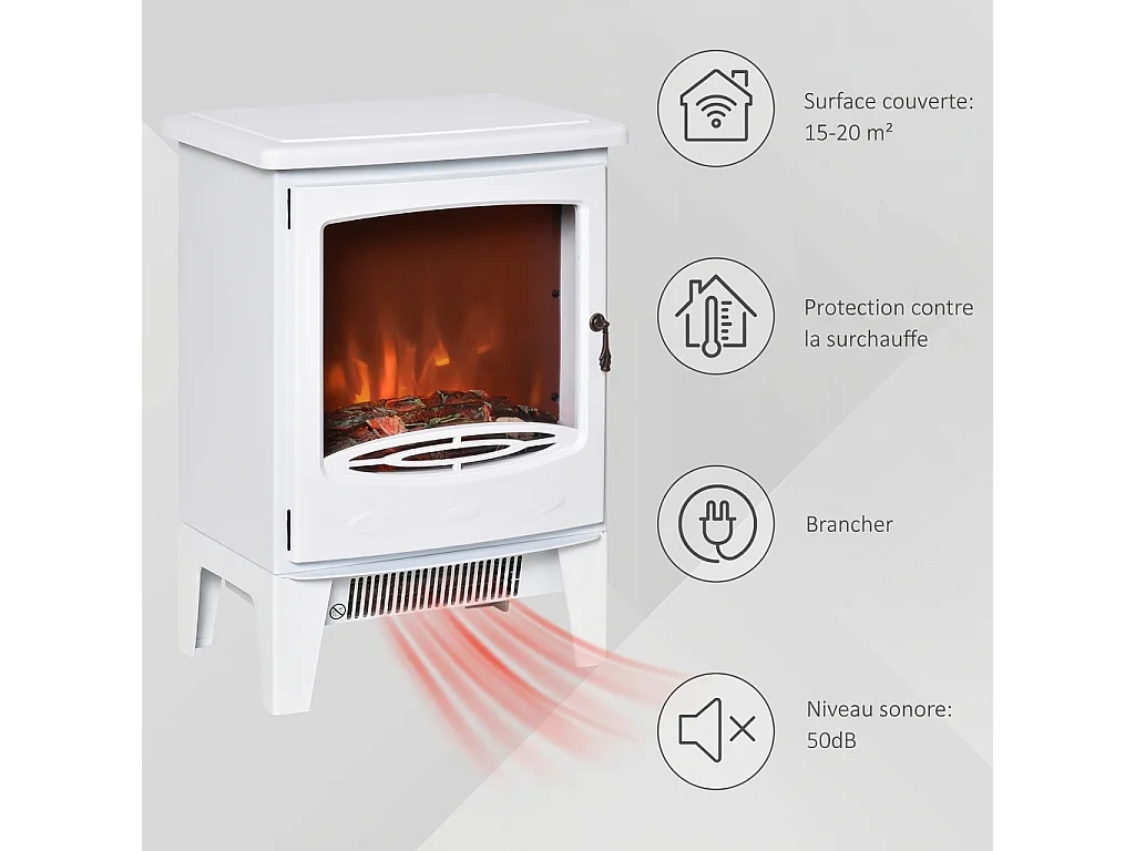 Parrot Uncle  Poêle électrique autoportant blanc, effet flamme LED, 2 puissances 900/1800W, métal et ABS, 39x26x54,8cm, chauffage déco d’intérieur