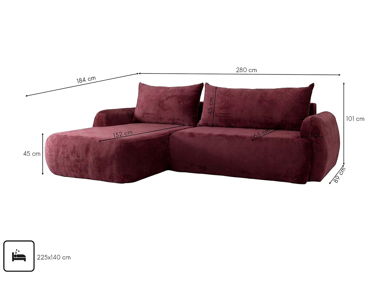 Canapé d'angle convertible avec coffre de rangement, tissu chenille Perfecto, Bordeaux, Angle gauche, HELA II