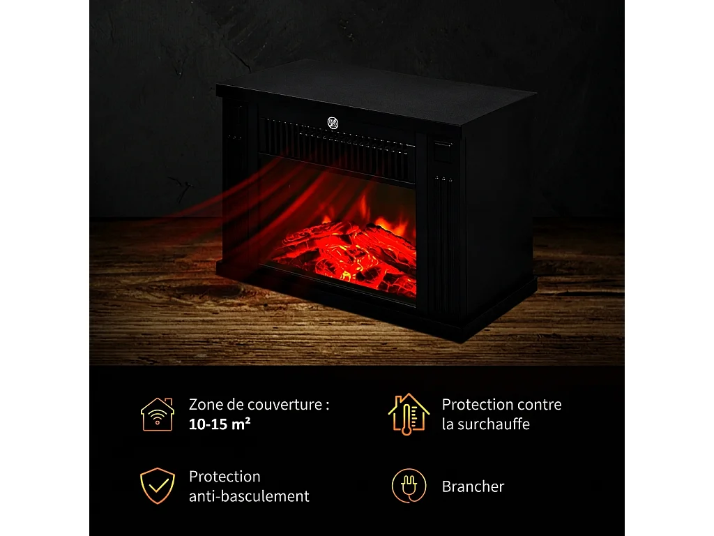 Parrot Uncle Cheminée électrique noire avec effet flamme, chauffage 600/1200 W, poêle compact sur pieds