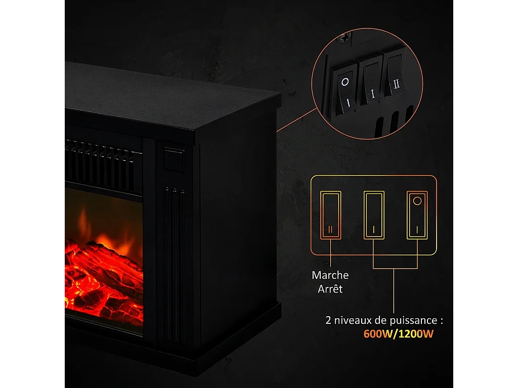 Parrot Uncle Cheminée électrique noire avec effet flamme, chauffage 600/1200 W, poêle compact sur pieds