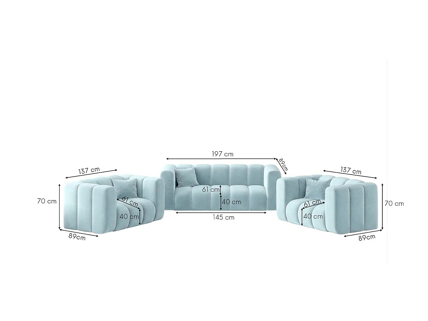 Modulaire zitmeubelset 2+1+1, fluwelen stof Riviera, Babyblauw, GRAND