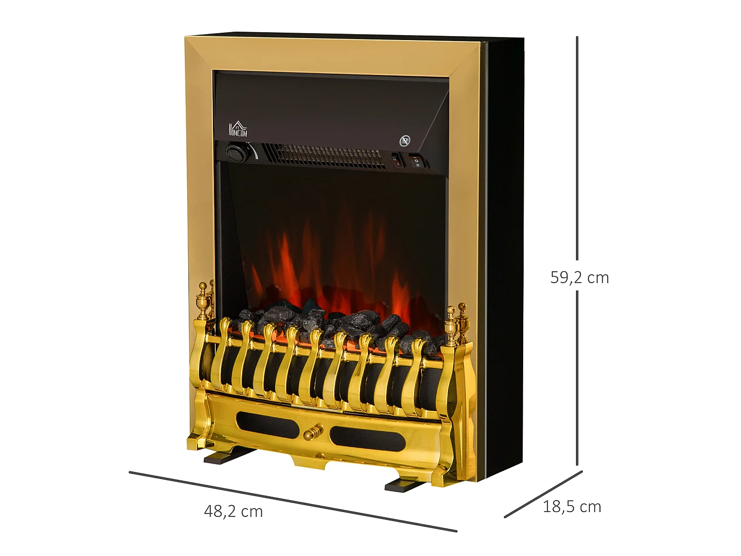 Parrot Uncle Insert de cheminée électrique, effet flamme charbon LED, 2 puissances 1000/2000W, 48,2x18,5x59,2cm, finition dorée vintage, chauffage décoratif