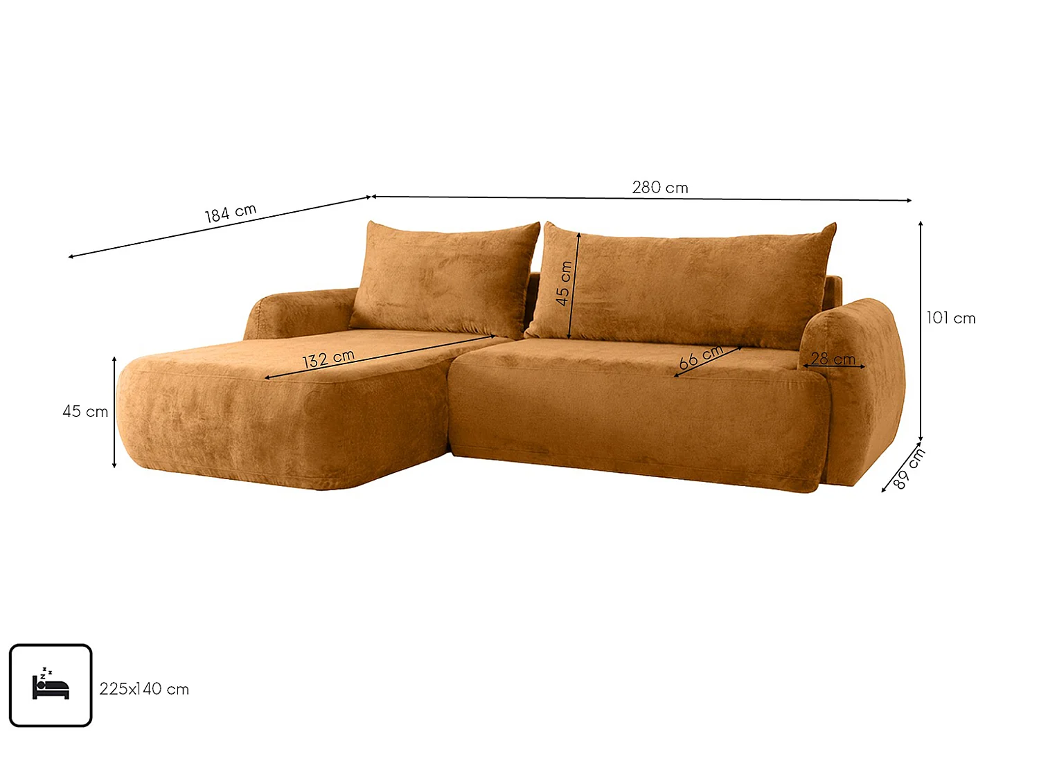 Canapé d'angle convertible avec coffre de rangement, tissu chenille Perfecto, Miel, Angle gauche, HELA II