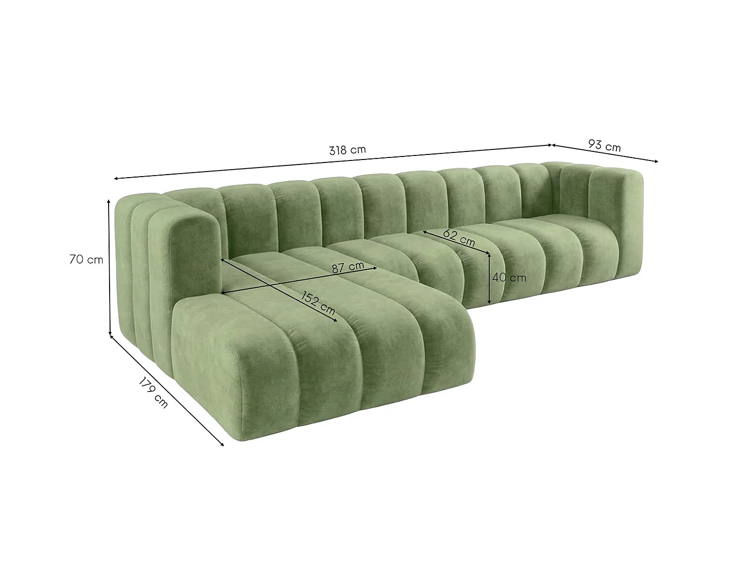 Canapé d’angle modulable en L, tissu velours Riviera, Olive, gauche, GRAND 318 cm
