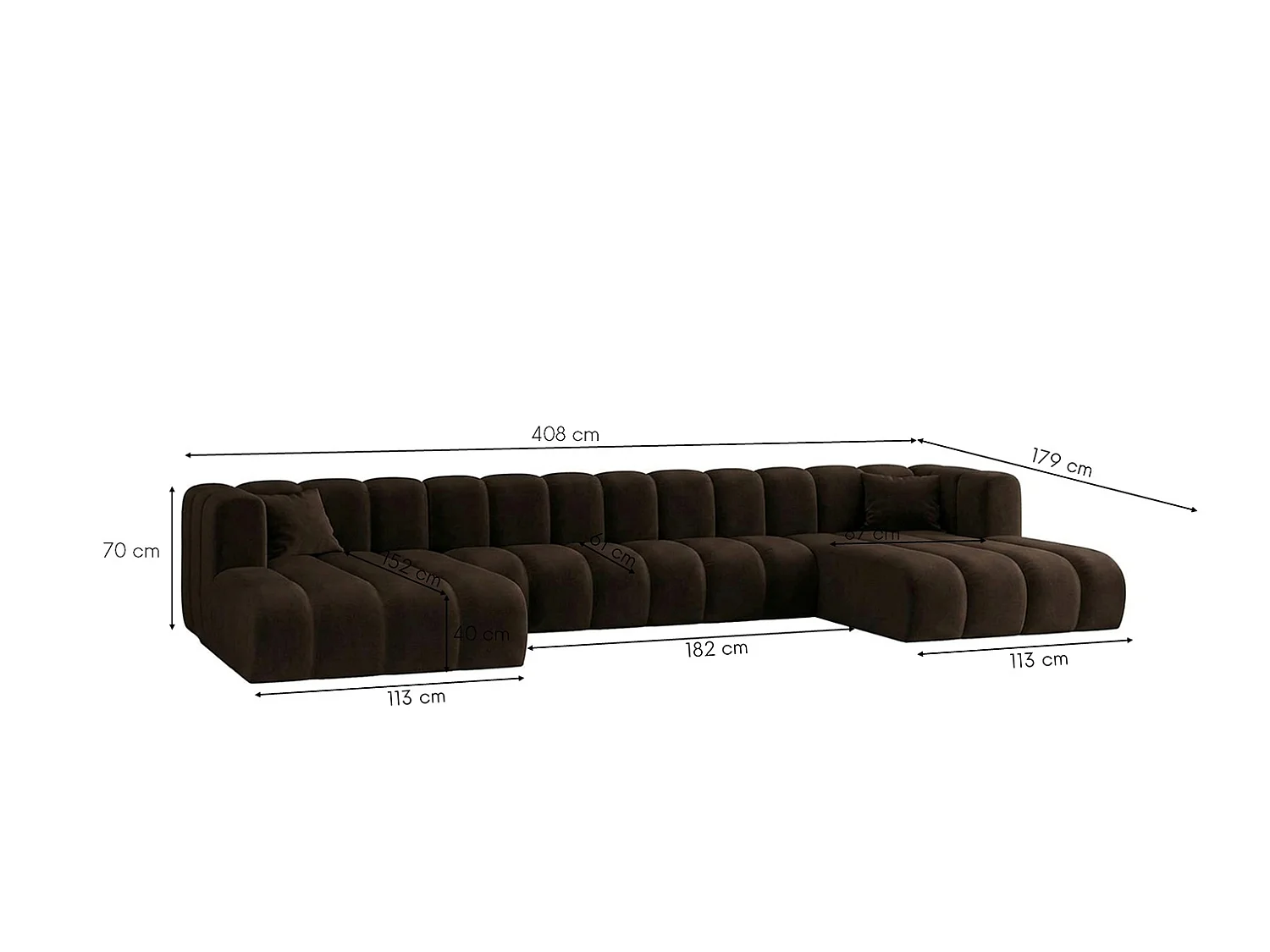 Modulaire hoekbank in U-vorm, fluwelen stof Riviera, Chocolade, GRAND U XL