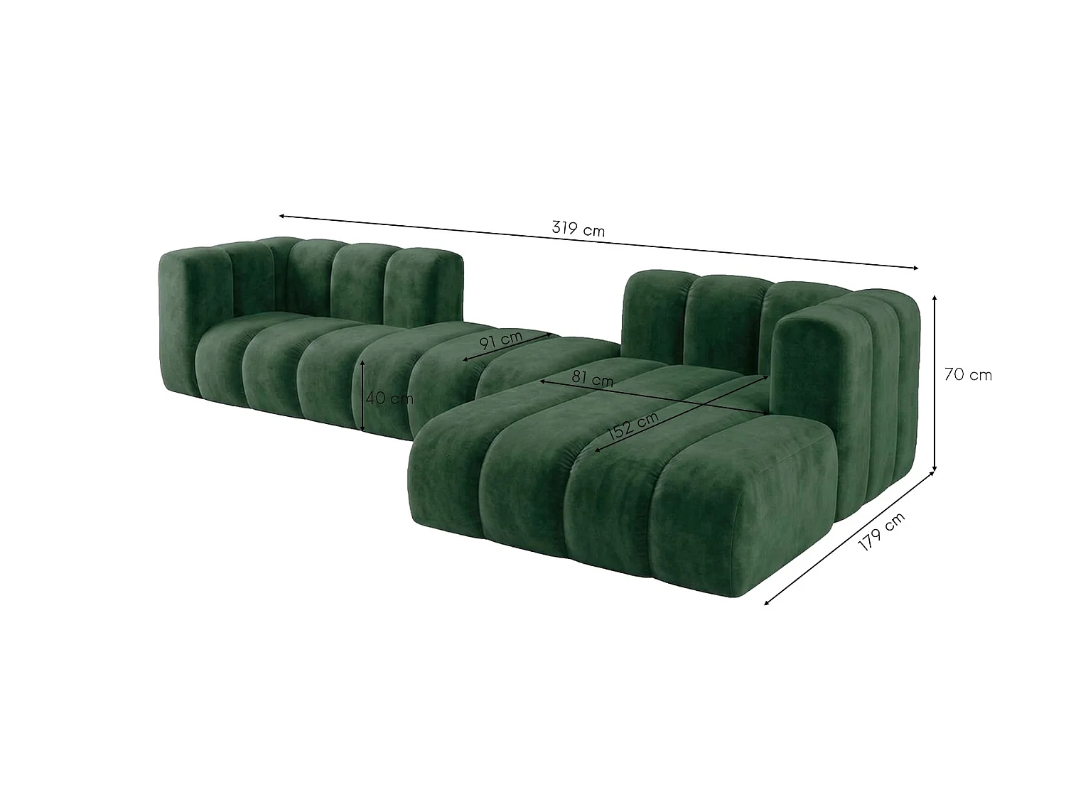 Canapé d’angle modulable en L, tissu velours Riviera, Vert, droite, GRAND 319 cm