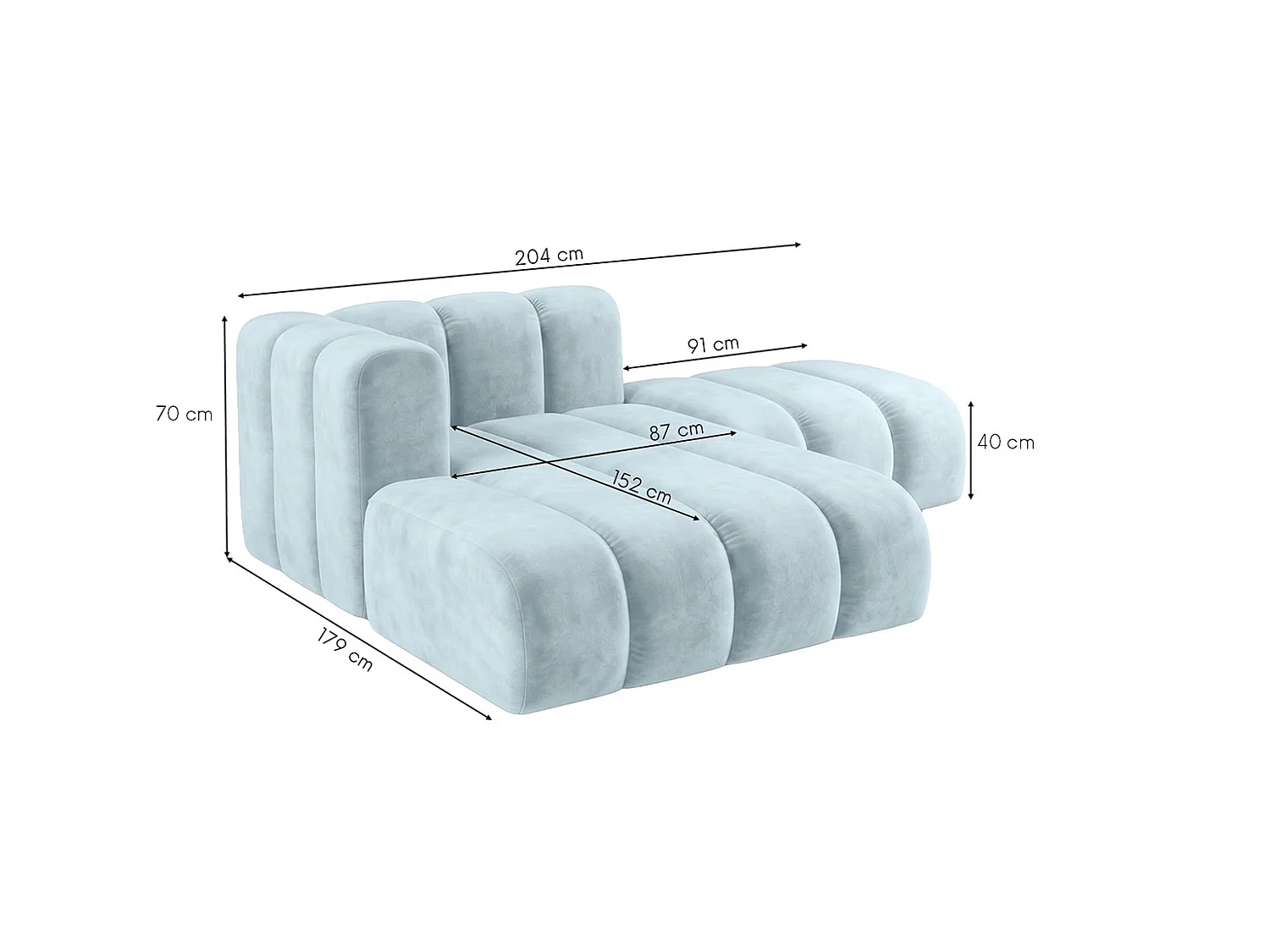 Szezlong modułowy z pufą, tkanina welwet Riviera, Baby blue, Lewy, GRAND