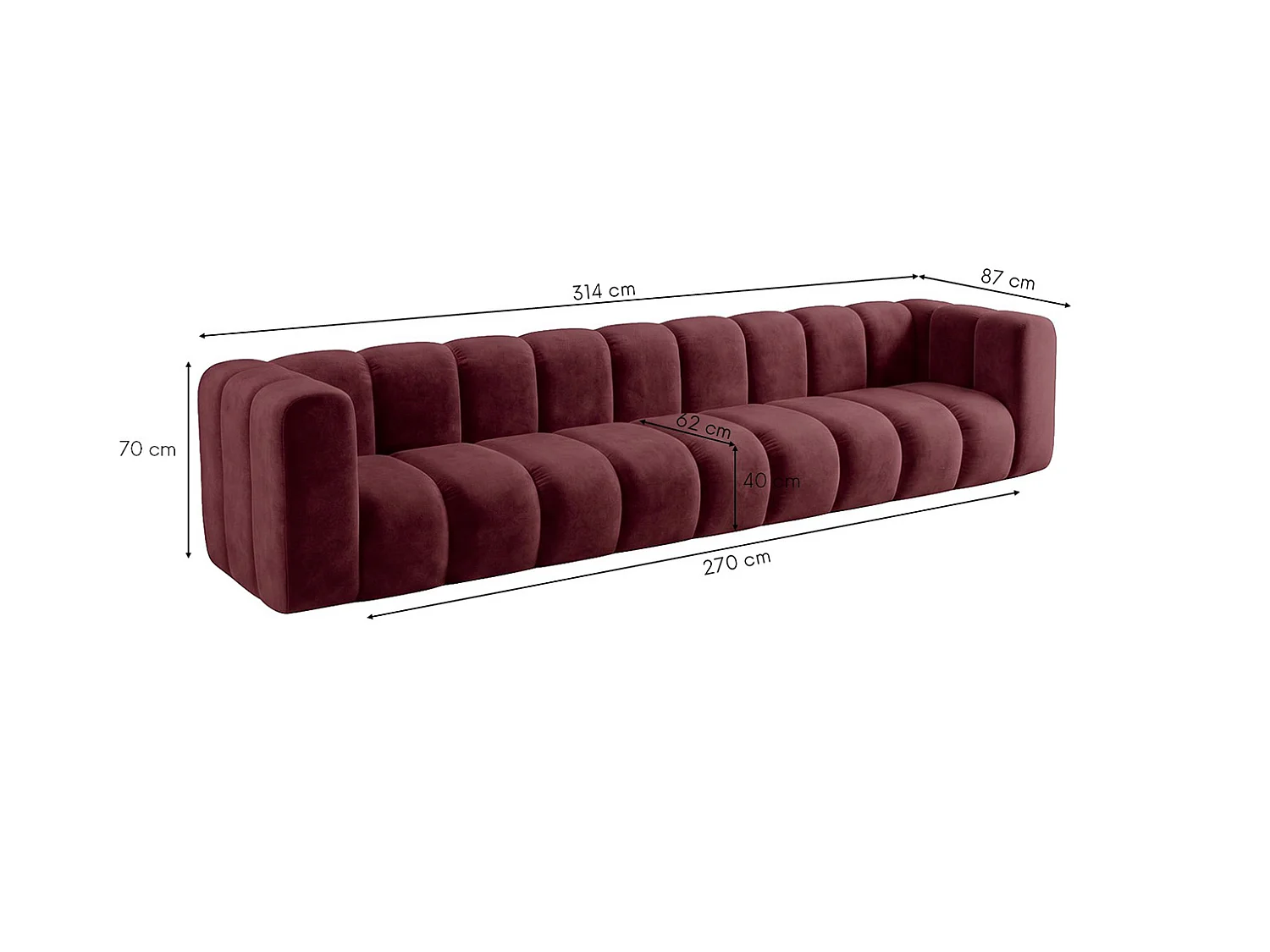 Canapé modulable 5 places, tissu velours Riviera, Bordeaux, GRAND