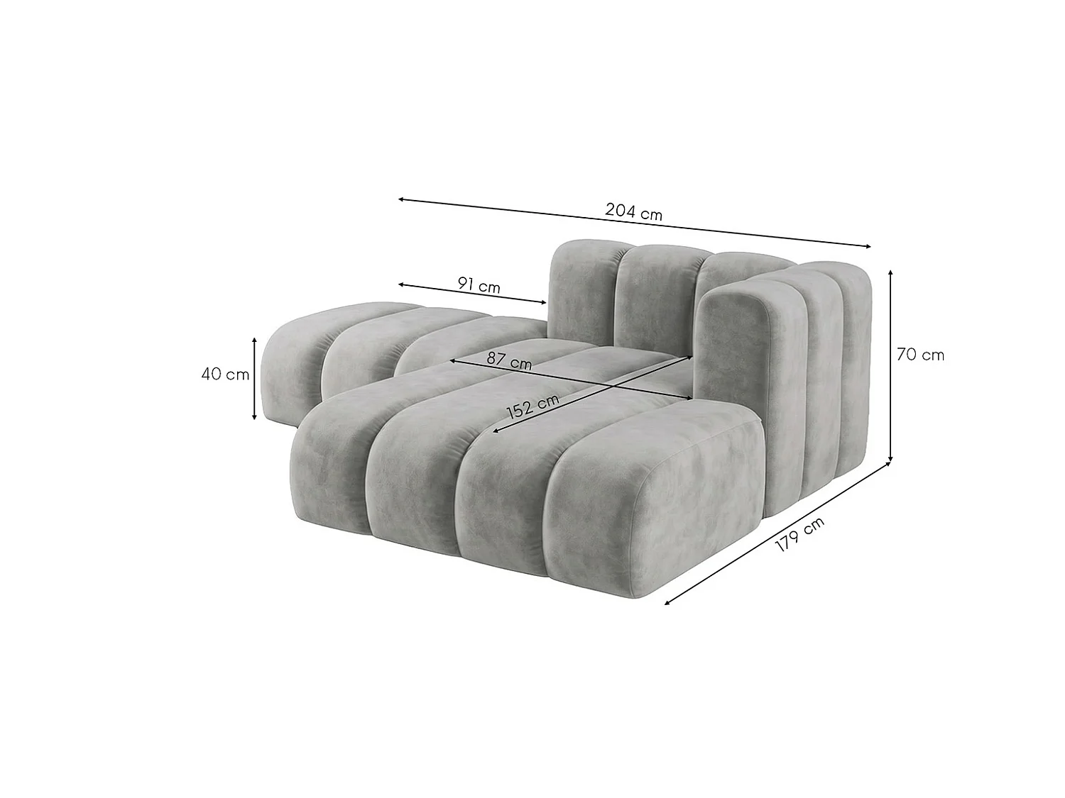 Méridienne modulable avec pouf, tissu velours Riviera, Gris, droite, GRAND