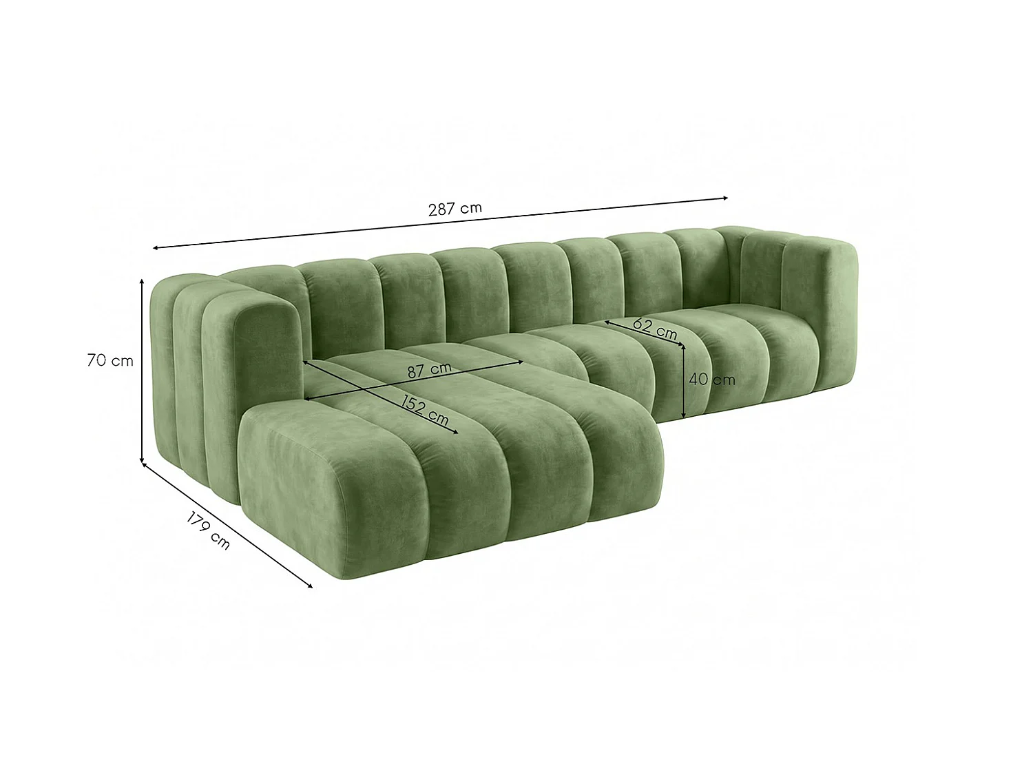 Canapé d’angle modulable en L, tissu velours Riviera, Olive, gauche, GRAND 287 cm