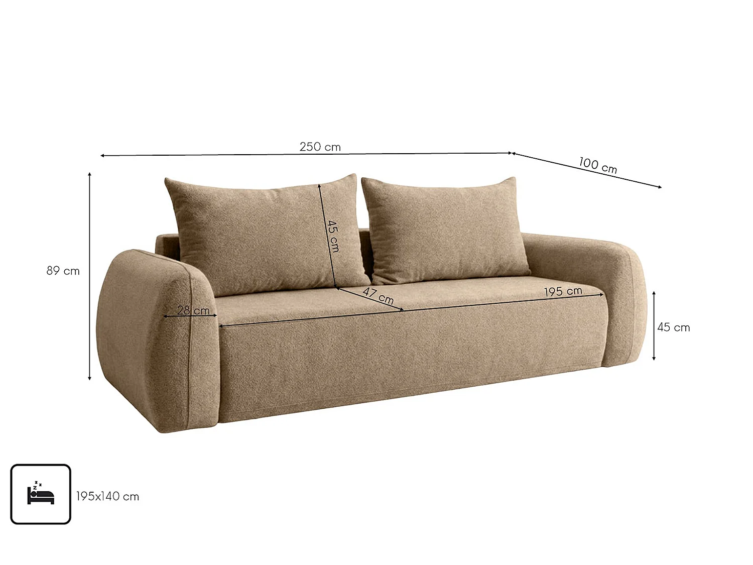 Sofa z funkcją spania i pojemnikiem, tkanina Doha, Ciemnobeżowy, HELA