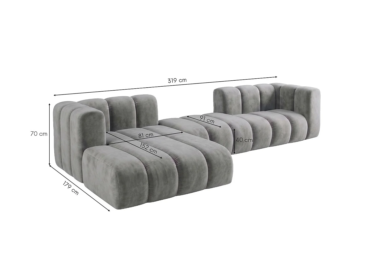Canapé d’angle modulable en L, tissu velours Riviera, Gris, gauche, GRAND 319 cm