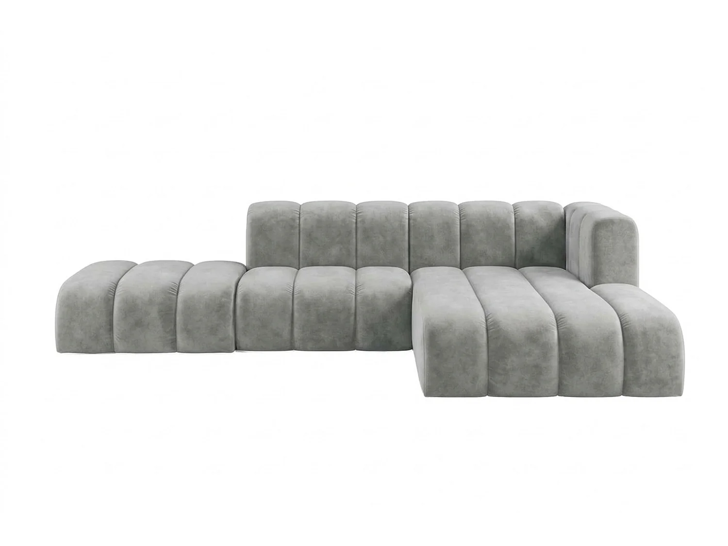 Canapé d’angle modulable en L avec pouf, tissu velours Riviera, Gris, droite, GRAND Mini