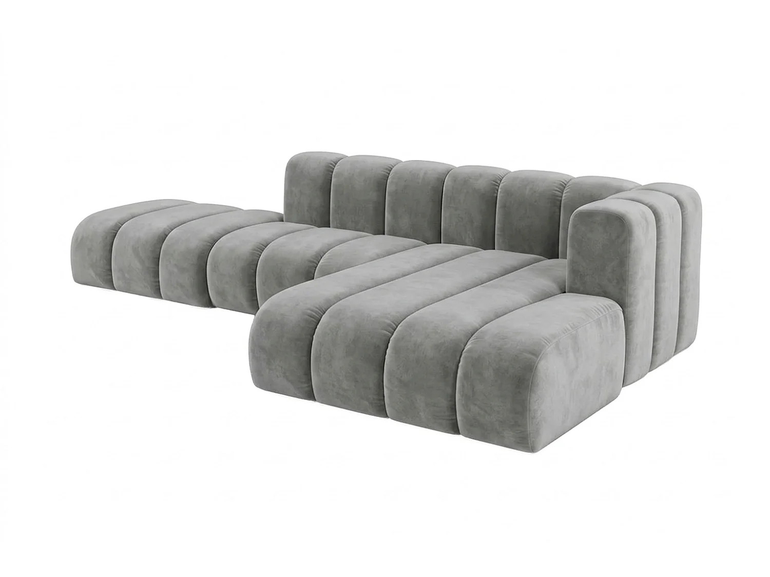 Canapé d’angle modulable en L avec pouf, tissu velours Riviera, Gris, droite, GRAND Mini