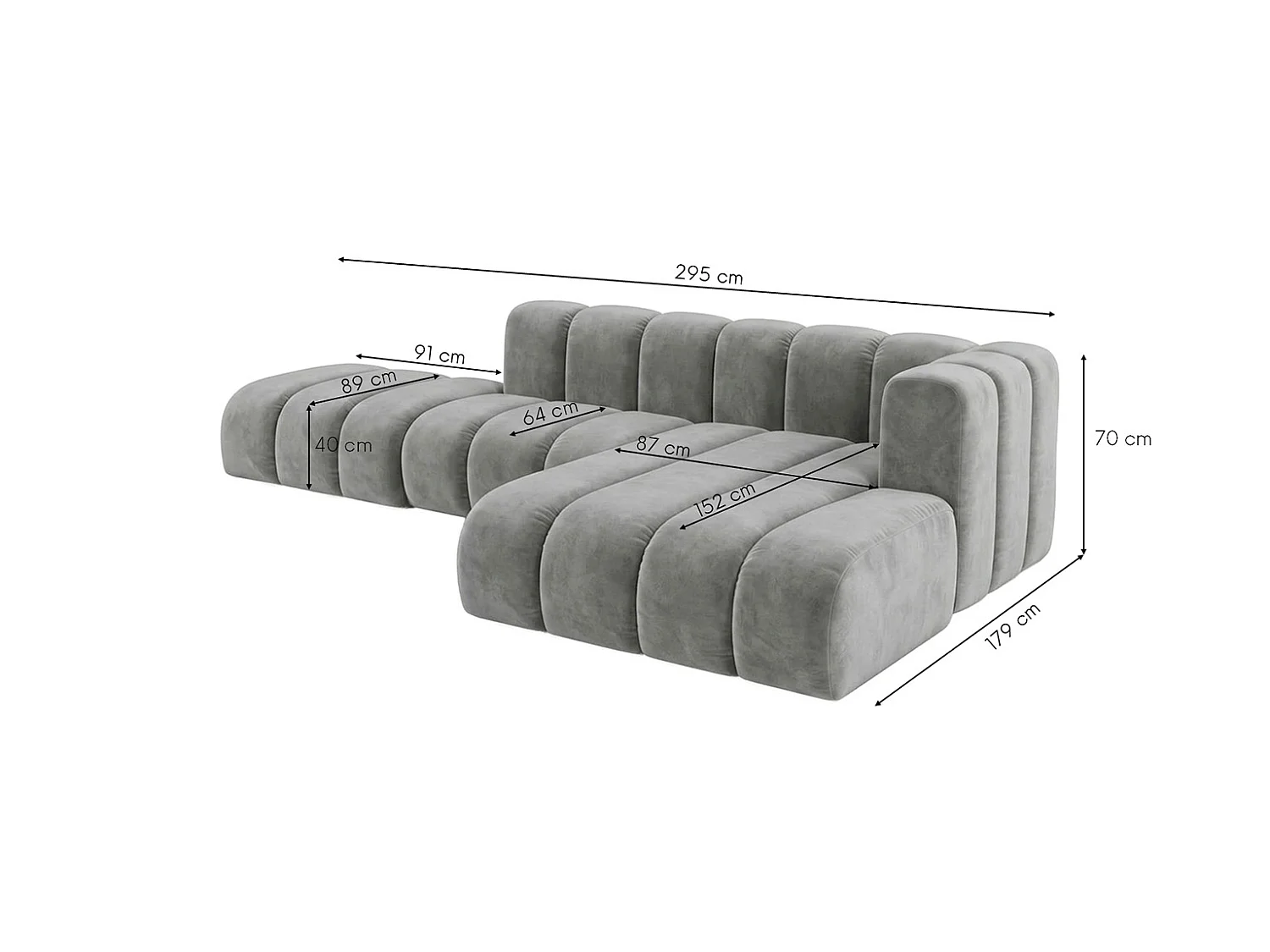 Canapé d’angle modulable en L avec pouf, tissu velours Riviera, Gris, droite, GRAND Mini