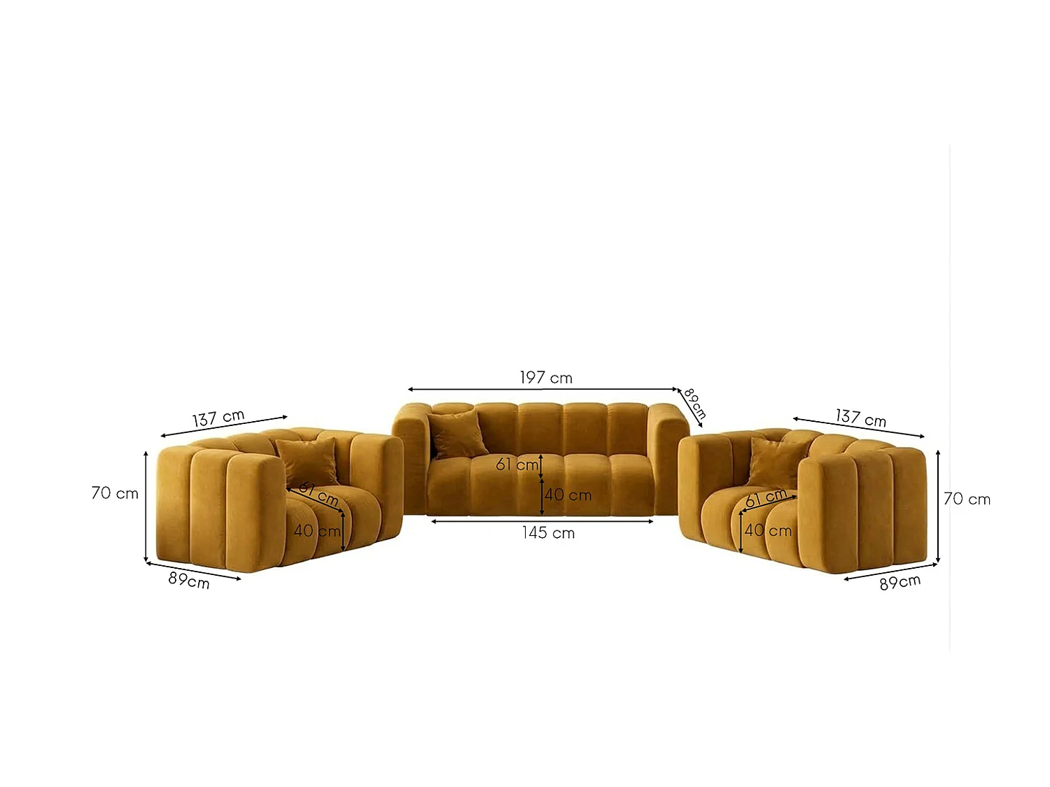 Ensemble de salon modulable 2+1+1, tissu velours Riviera, Moutarde, GRAND
