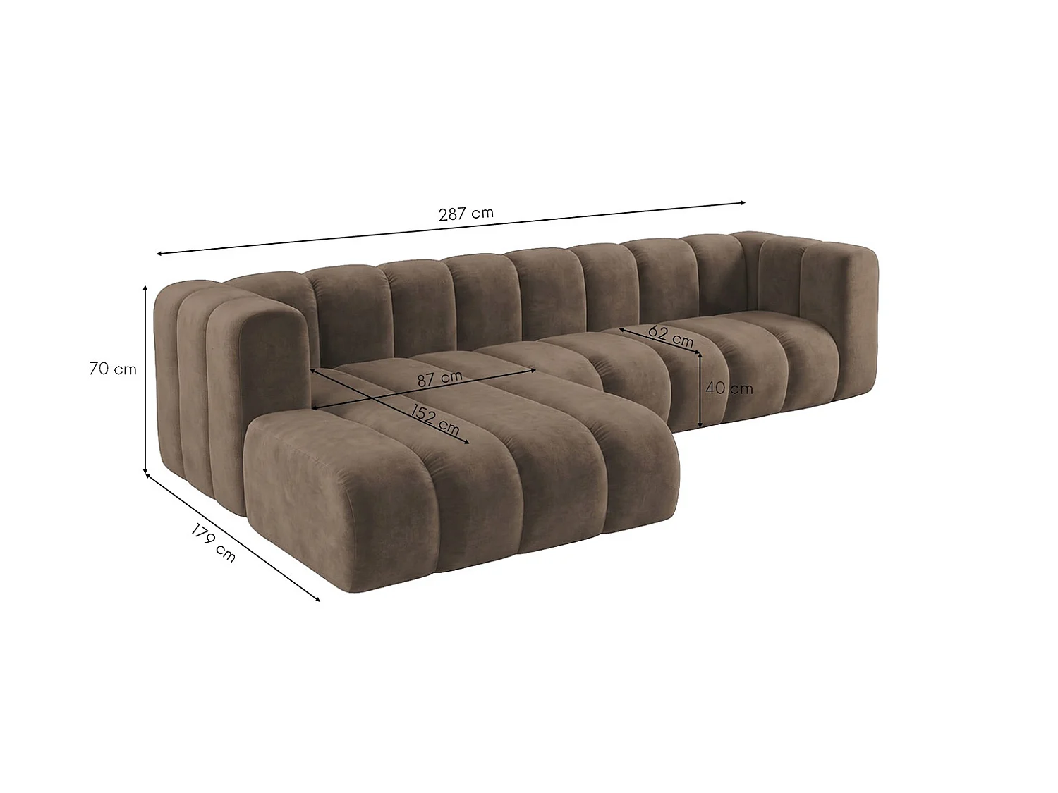 Modulares Ecksofa in L-Form, Velvet-Stoff Riviera, Braun, Links, GRAND 287 cm