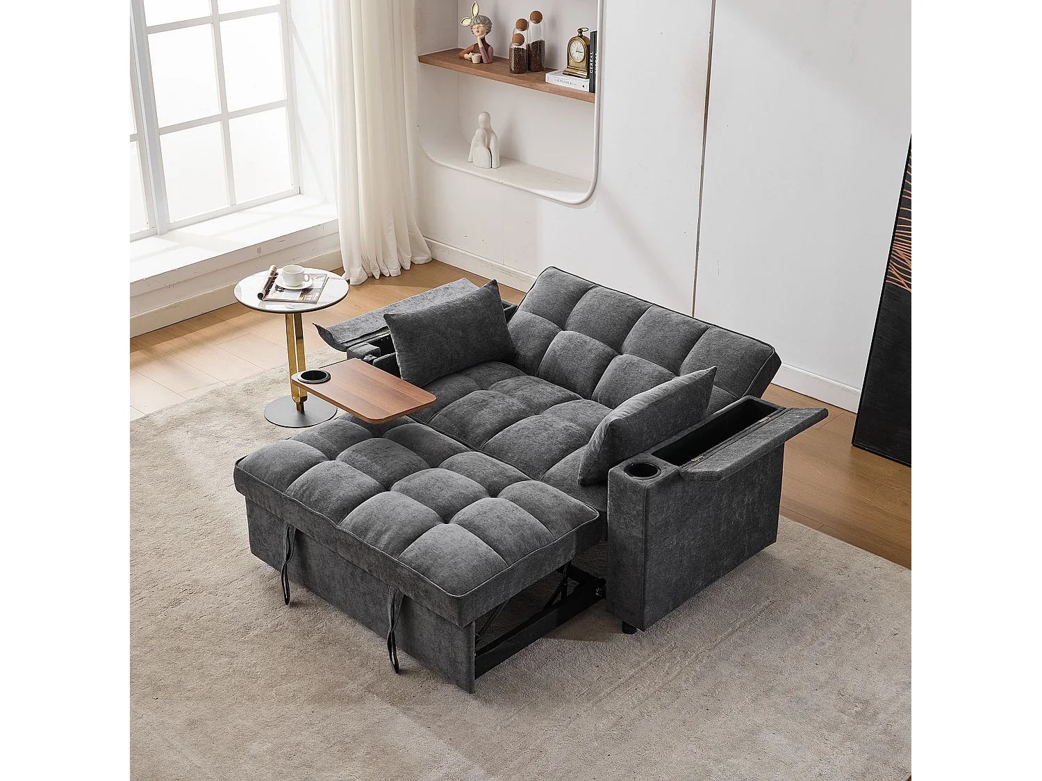 Parrot Uncle Canapé-lit 3-en-1 , canapé 2 places convertible gris, dossier réglable, table cachée, porte-gobelet, ports USB et Type-C