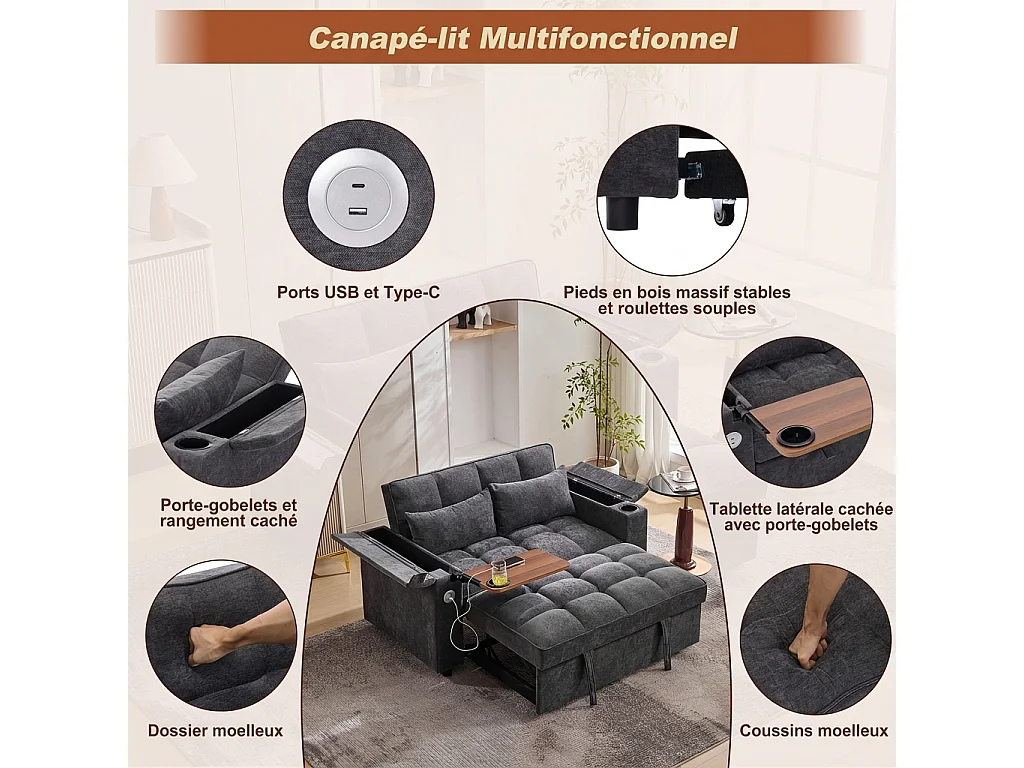 Parrot Uncle Canapé-lit 3-en-1 , canapé 2 places convertible gris, dossier réglable, table cachée, porte-gobelet, ports USB et Type-C