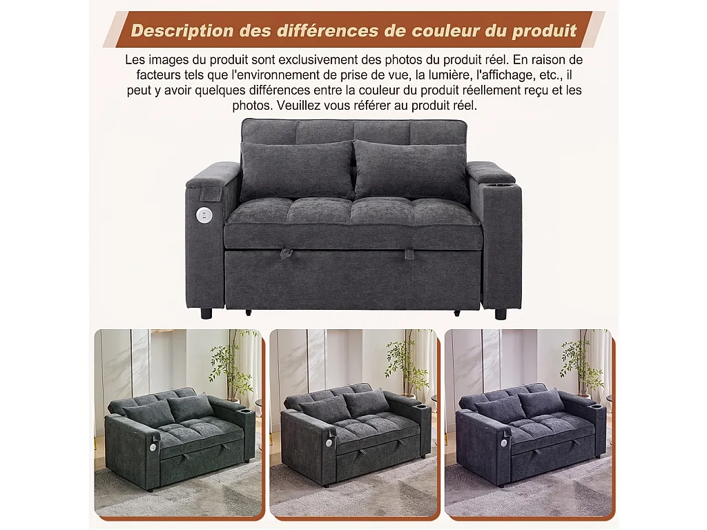 Parrot Uncle Canapé-lit 3-en-1 , canapé 2 places convertible gris, dossier réglable, table cachée, porte-gobelet, ports USB et Type-C