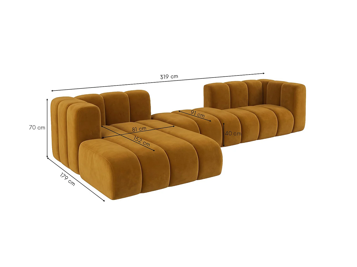Narożnik modułowy w kształcie L, tkanina welwet Riviera, Musztardowy, Lewy, GRAND 319 cm