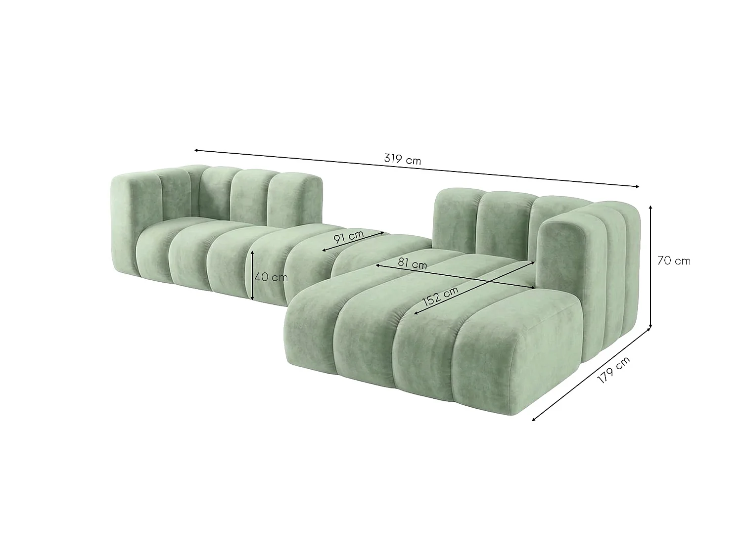 Canapé d’angle modulable en L, tissu velours Riviera, Menthe, droite, GRAND 319 cm