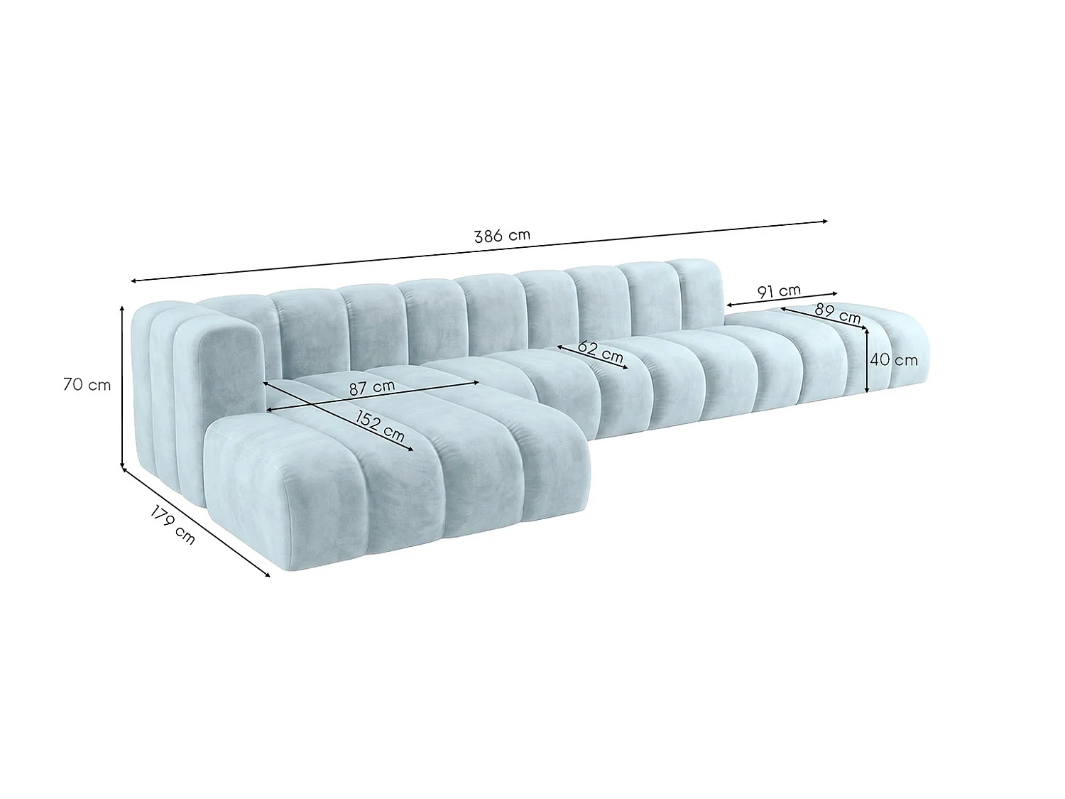 Narożnik modułowy w kształcie L z pufą, tkanina welwet Riviera, Baby blue, Lewy, GRAND