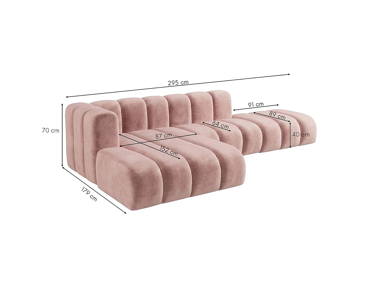 Modulaire hoekbank in L-vorm met hocker, fluwelen stof Riviera, Lichtroze, links, GRAND Mini