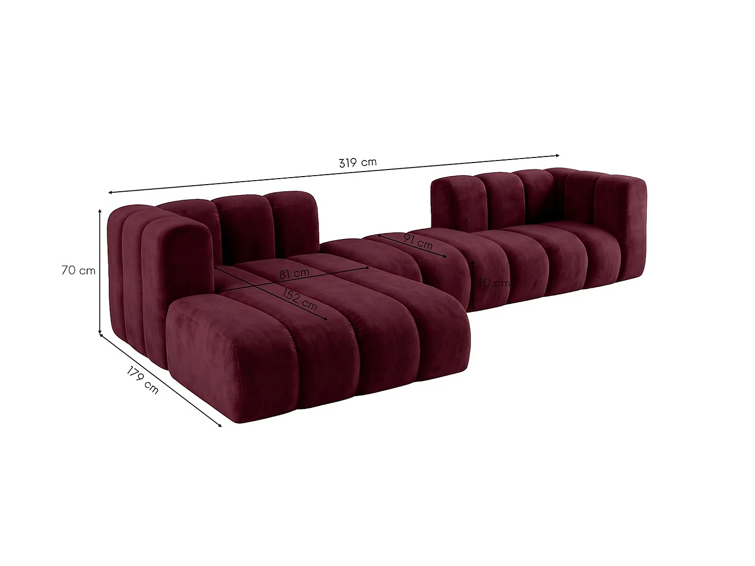 Modulaire hoekbank in L-vorm, fluwelen stof Riviera, Bordeaux, links, GRAND 319 cm