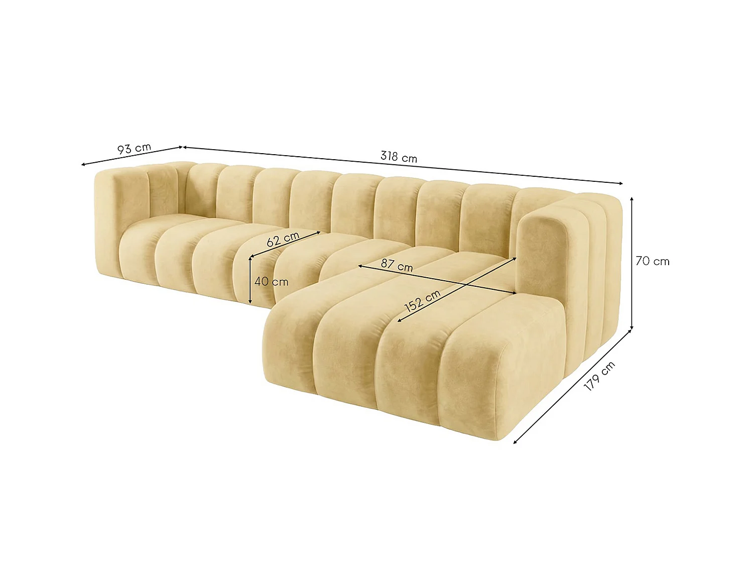 Narożnik modułowy w kształcie L, tkanina welwet Riviera, Maślany, Prawy, GRAND 318 cm