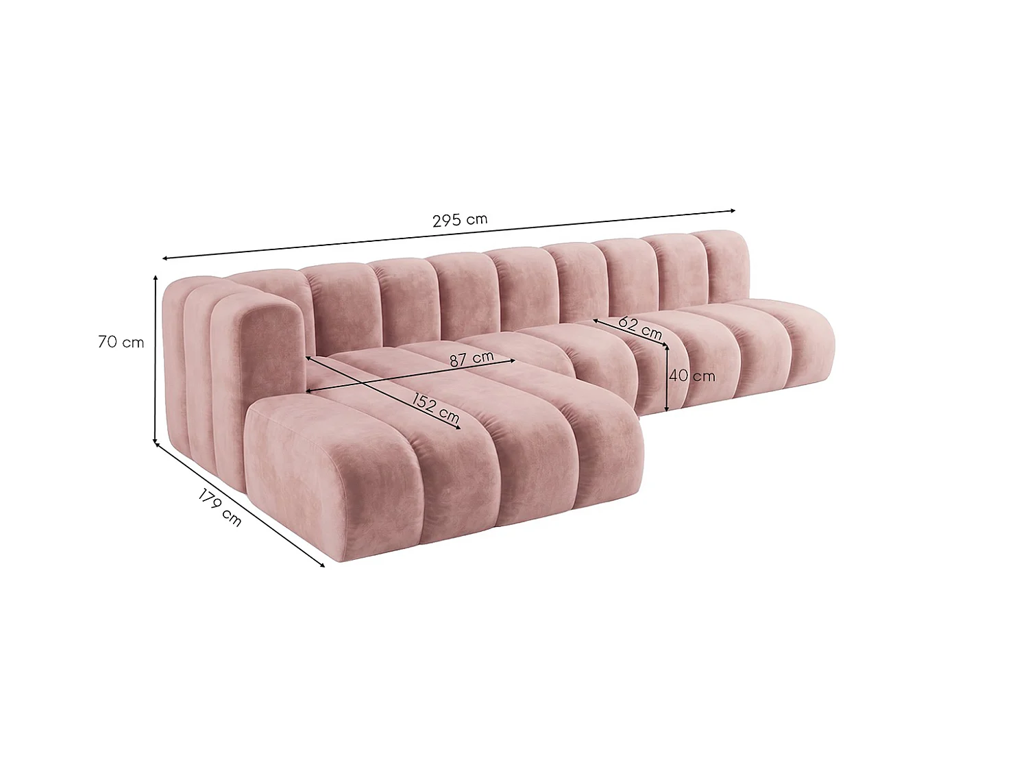 Canapé d’angle modulable en L, tissu velours Riviera, Rose clair, gauche, GRAND 295 cm