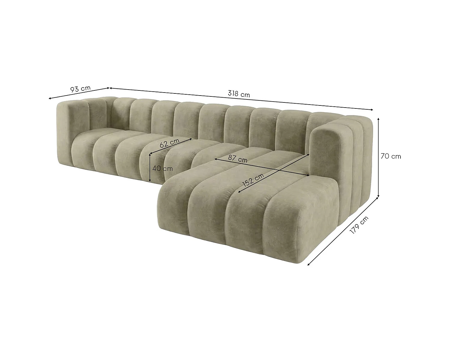 Narożnik modułowy w kształcie L, tkanina welwet Riviera, Beżowy, Prawy, GRAND 318 cm