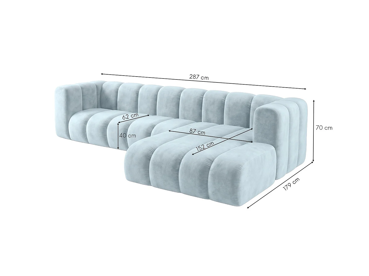 Narożnik modułowy w kształcie L, tkanina welwet Riviera, Baby blue, Prawy, GRAND 287 cm
