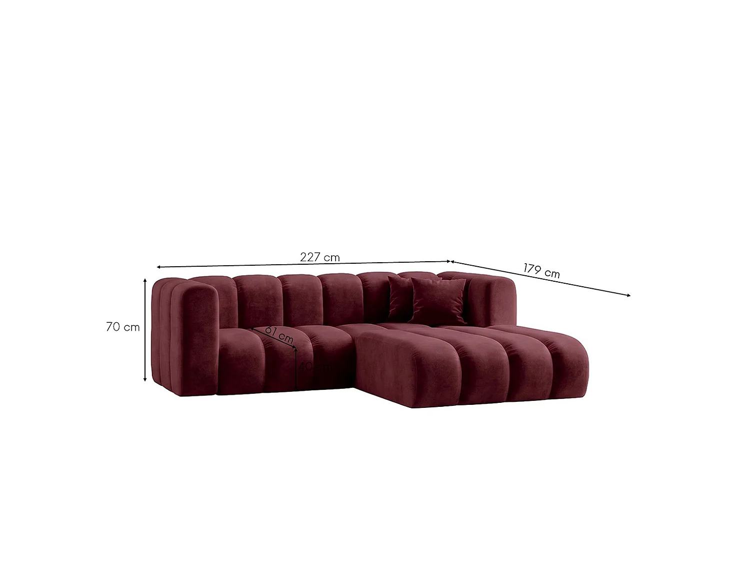 Canapé d’angle modulable en L, tissu velours Riviera, Bordeaux, droite, GRAND