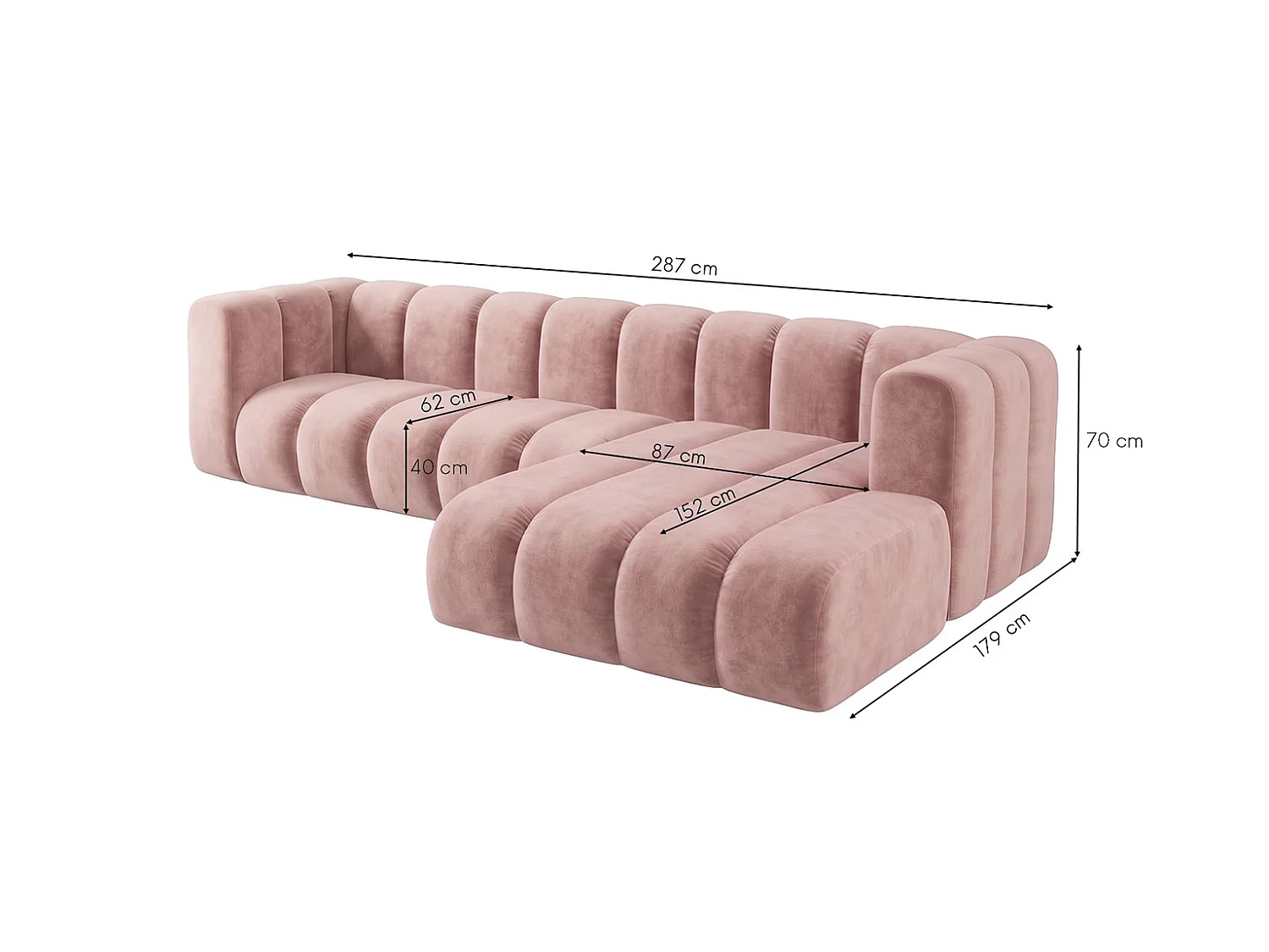 Canapé d’angle modulable en L, tissu velours Riviera, Rose clair, droite, GRAND 287 cm